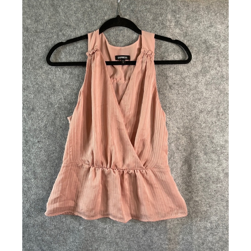 Express Womens XS Pink Pleated V-Neck Peplum Sleeveless Wrap Top Blush Blouse